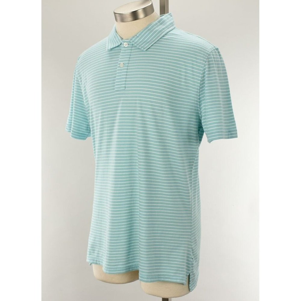 THE MENS STORE Aqua White Stripe Short Sleeve Cotton Polo Shirt LARGE NWT